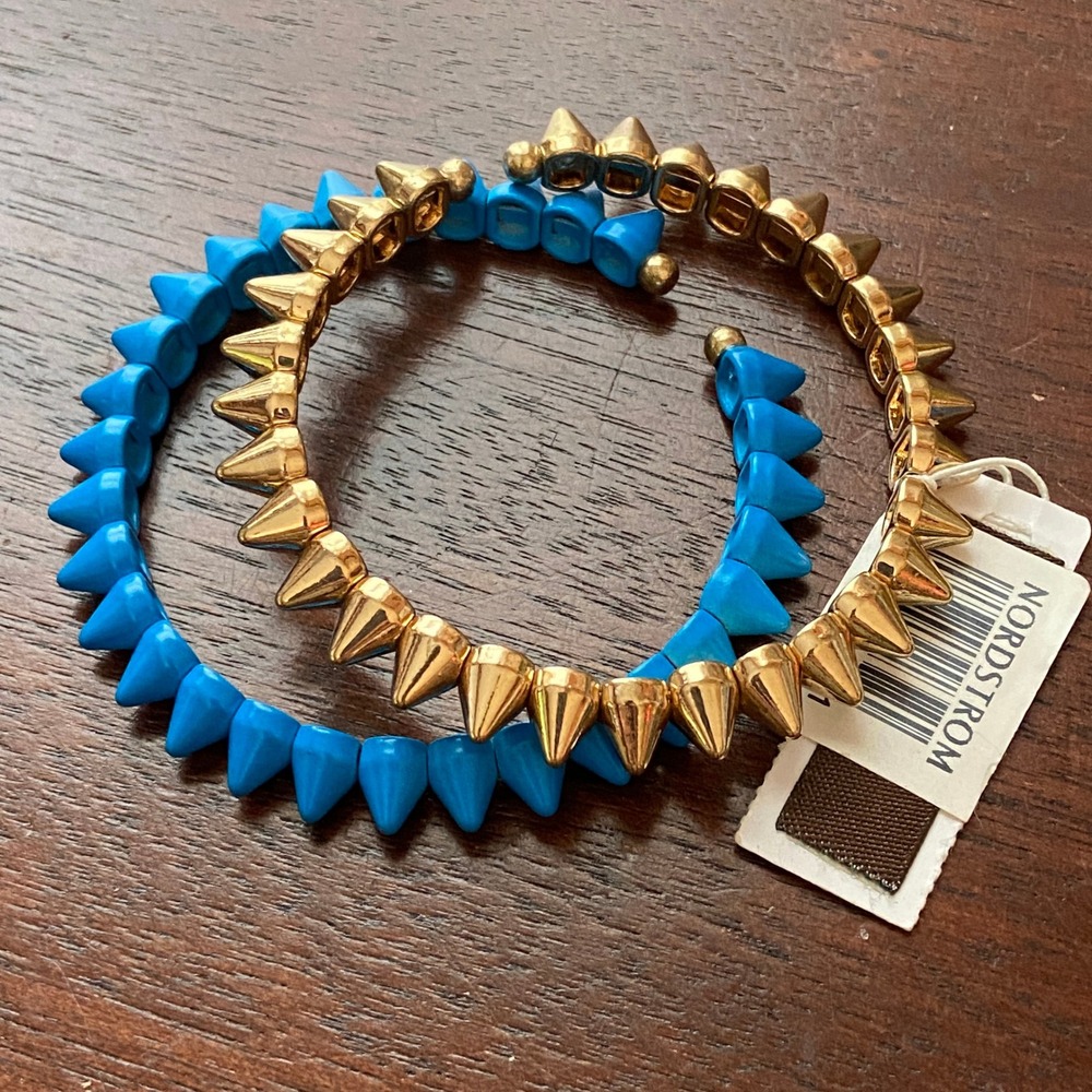 NWT Tasha Nordstrom Neon Blue & Gold Spike Cuff Bracelet Set of 2 (MBR9984)